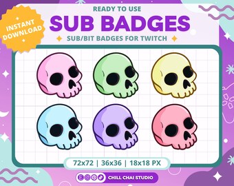 Gruseliges süßes Pastel Goth Schädel Sub Badge Pack für Twitch Streamer und Channel Badges für YouTube Halloween Witchy Twitch Paket Badge Set