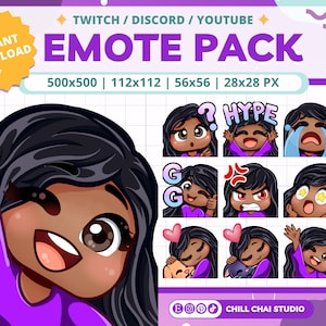 Chibi Girl Twitch Emotes: Black Hair, Brown Eyes (Digital Download)
