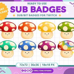 Pacote de Sub Badges / Bit Badges de Cogumelos Arco-Íris Kawaii para Twitch | Emblemas de Cogumelos Witchy Cute Cottagecore Forestcore | Streamer Cozy Gamer