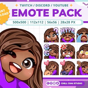 Chibi Girl Twitch Emotes: Brown Hair, Chestnut Skin (PNG Digital Download)