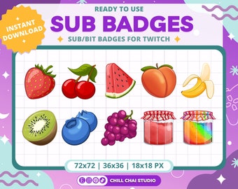 Könnte beinhalten: Ein Satz von 8 bunten Twitch-Sub-Badges mit einer Erdbeere, Kirschen, Wassermelone, Pfirsich, Banane, Kiwi, Blaubeeren, Trauben, einem Glas Erdbeermarmelade und einem Glas Regenbogenmarmelade. Die Badges sind in 3 Größen erhältlich: 72x72 Pixel, 36x36 Pixel und 18x18 Pixel. Der Text "SUB BADGES" und "SUB/BIT BADGES FOR TWITCH" wird oben im Bild angezeigt.