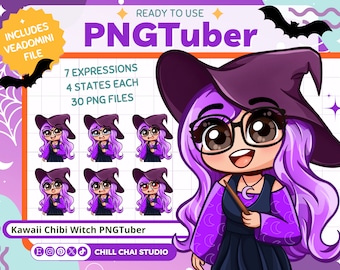 May include: Kawaii chibi witch PNGTuber with 7 expressions and 4 states each, totalling 30 PNG files. The witch is wearing a purple dress, a black hat, and glasses. She is holding a wand in her right hand.