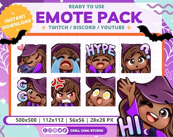 Ready to Use Twitch Emote Pack of Spooky Cute Witch with Brown Hair, Brown Eyes, Chestnut Skin Tone for Halloween (Instant Download PNG)