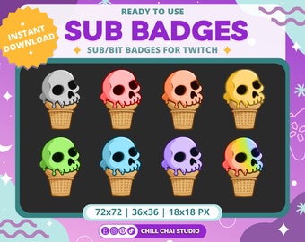 May include: Digital graphic of eight ice cream cones, each topped with a skull in different colours: grey, pink, orange, yellow, green, blue, purple, and rainbow. Text reads "READY TO USE SUB BADGES" and "SUB/BIT BADGES FOR TWITCH".