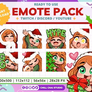 Christmas Chibi Girl Twitch Emotes: Red Hair, Green Eyes (Digital Download)