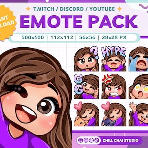 Twitch Emotes Pack of 9 Chibi Girl Emotes with Brown Hair, Brown Eyes, and Ivory Skin Tone - Digital Download Streamer Discord Emotes