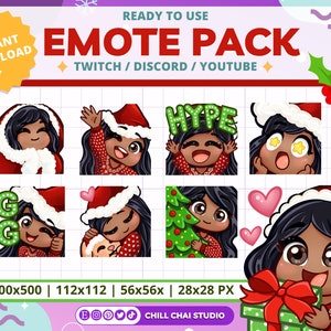 Twitch クリスマス エモート パック 黒髪、茶色の目、栗色の肌のかわいいちびガール エモート 8 個 - かわいいクリスマス Twitch パッケージ PNG