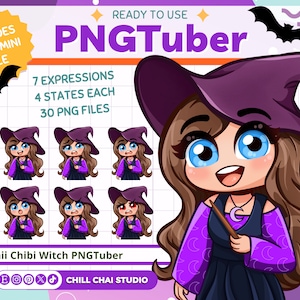 Witch PNGTuber Brown Hair Blue Eyes | 2D Vtuber Model Assets for Twitch & YouTube | Kawaii Chibi Avatar Overlay PNG Tuber Stream Package
