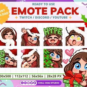 Twitch Christmas Emotes Pack of 8 Cute Chibi Girl Emotes with Brown Hair, Blue Eyes, and Ivory Skin Tone - Digital Download Discord Emotes