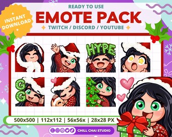 Twitch Christmas Emotes Pack of 8 Cute Chibi Girl Emotes with Black Hair, Green Eyes, and Ivory Skin Tone - Digital Download Discord Emotes