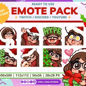 Twitch Christmas Emotes Pack of 8 Cute Chibi Girl Emotes - Glasses, Brown Hair and Eyes, & Ivory Skin Tone - Digital Download Discord Emotes