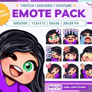Chibi Girl Twitch Emotes: Black Hair, Green Eyes (Digital Download)