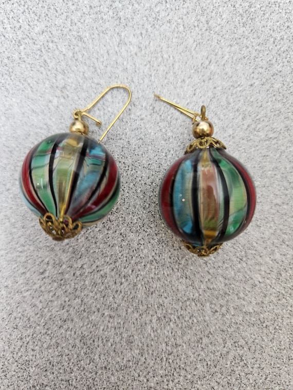 Round Glass Balloon Earrings - Striped and multico