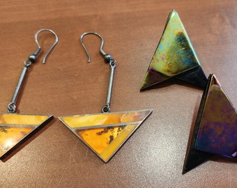 Set of 2 - One Stained Triangular Glass and One Metallic Purple and Green Glass Pierced Earrings  from the 90's