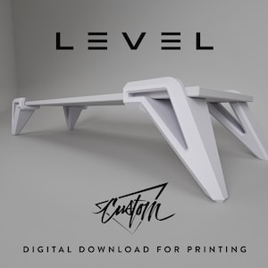 Puede incluir: Una estantería blanca de estilo moderno con un diseño minimalista. La estantería tiene una superficie larga y plana sostenida por patas anguladas. La palabra "LEVEL" está encima de la estantería, y la palabra "Custom" debajo, junto con el texto "DIGITAL DOWNLOAD FOR PRINTING".