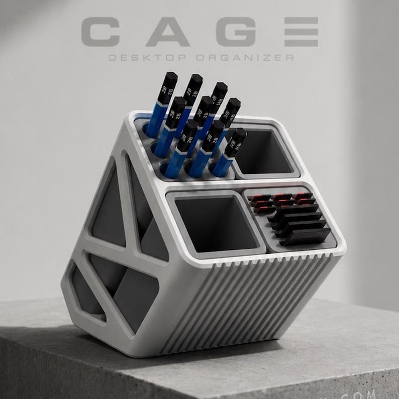 3D Printed Desk Organizer: Modern Workspace Pencil, Pen & SD Card Holder image 2