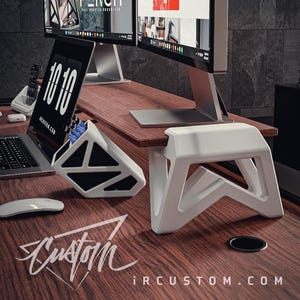 Soporte para monitor RISE: conjunto completo con patas impresas en 3D y tablero de madera noble o Richlite