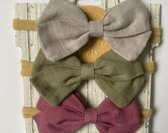 Baby Headband SET, Baby Girl Bow set, Newborn Headbands, Linen Baby Bows, Infant Bows, Girls Hair Bows, Toddler - Linen Bows