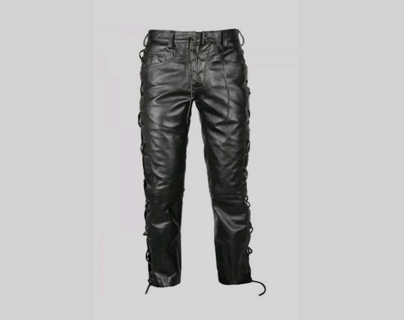 Men's Leather Pants Side Lace up Black Bikers 100 Real Leather Pant