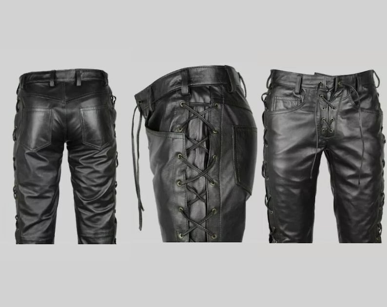 Men's Leather Pants Side Lace up Black Bikers 100 Real Leather Pant