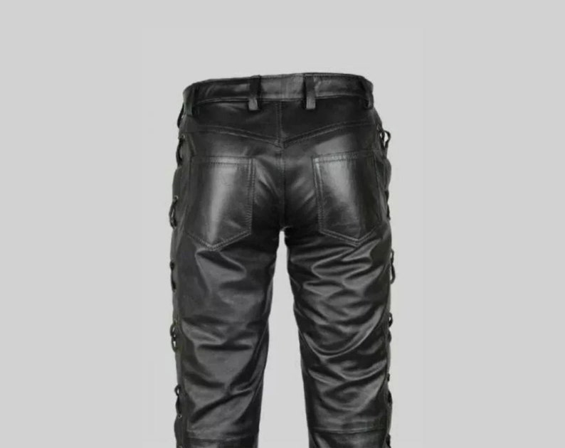 Men's Leather Pants Side Lace up Black Bikers 100 Real Leather Pant