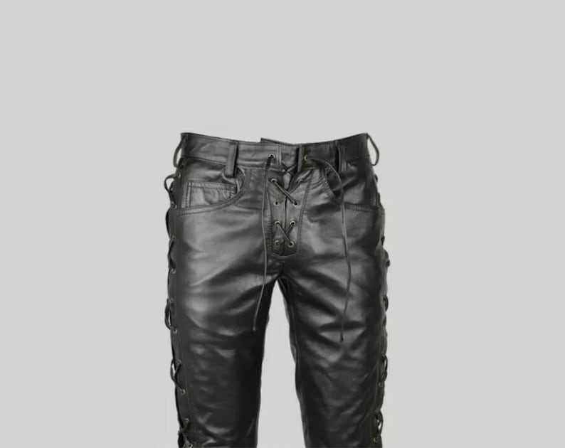 Men's Leather Pants Side Lace up Black Bikers 100 Real Leather Pant