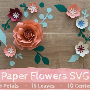 Paper flowers, SVG Paper Flower TEMPLATES, SET of Petals, Bases, Centers, Leaves | giant paper flower templates, molde de flores de papel