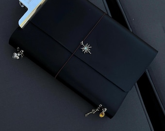 Personalized Leather Journal Cover Trifold, A6 A5 Refillable Traveler’s Journal Custom Charms