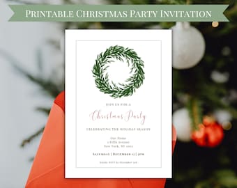 Könnte beinhalten: Eine druckbare Weihnachtsfeier-Einladung mit einem grünen Aquarell-Kranz und dem Text "JOIN US FOR A Christmas Party CELEBRATING THE HOLIDAY SEASON Our Home 1 Fifth Avenue New York, NY 1001 SATURDAY | DECEMBER 17 | 5PM Kindly RSVP by December 3rd"