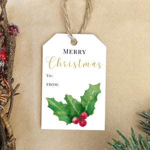 Afdrukbare kerstcadeautag - Holly Gift Tag, 2x3 Gift Tag, Merry Christmas Present, Kerstlabel, Vakantietag, Vakantielabel