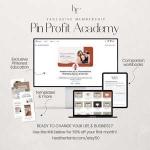 May include: A computer screen displaying a website for Pin Profit Academy, an online course teaching Pinterest marketing. The website features a woman in a video, text about getting more Pinterest traffic and sales, and a call to action to learn more. The screen is surrounded by other digital resources, including workbooks and templates.