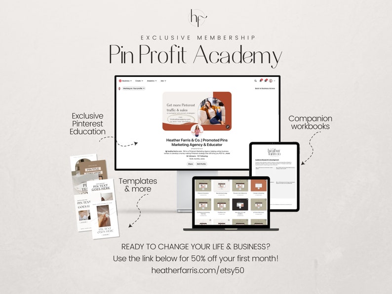 May include: A computer screen displaying a website for Pin Profit Academy, an online course teaching Pinterest marketing. The website features a woman in a video, text about getting more Pinterest traffic and sales, and a call to action to learn more. The screen is surrounded by other digital resources, including workbooks and templates.