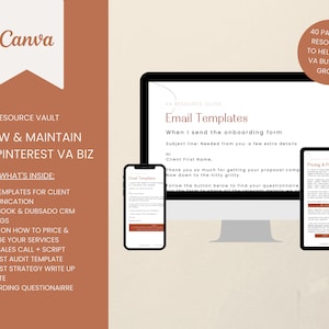 May include: A digital resource guide for Pinterest virtual assistants, featuring a Canva design with a brown and white color scheme. The guide includes email templates, CRM training, pricing and packaging information, and a questionnaire. The text "Grow & Maintain Your Pinterest VA Biz" is featured in a large font.
