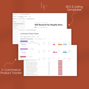 May include: A screenshot of a computer screen showing a spreadsheet with the title "e-Commerce Product Tracker". The spreadsheet has columns for product name, product ID, search volume, and other data. The spreadsheet is part of a larger application that includes tools for SEO research and listing templates.