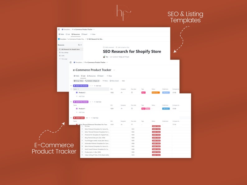 May include: A screenshot of a computer screen showing a spreadsheet with the title "e-Commerce Product Tracker". The spreadsheet has columns for product name, product ID, search volume, and other data. The spreadsheet is part of a larger application that includes tools for SEO research and listing templates.