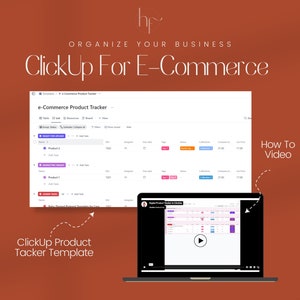 May include: A screenshot of a computer screen showing a ClickUp product tracker template for e-commerce. The template is organized into columns with headings such as "Item", "SKU", "Price", and "Collection". The template is designed to help businesses track their products and inventory.