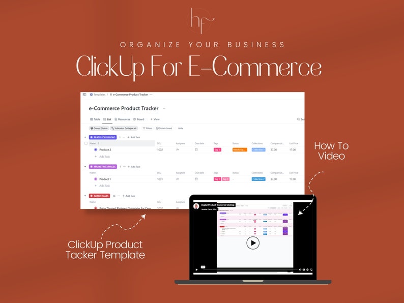 May include: A screenshot of a computer screen showing a ClickUp product tracker template for e-commerce. The template is organized into columns with headings such as "Item", "SKU", "Price", and "Collection". The template is designed to help businesses track their products and inventory.