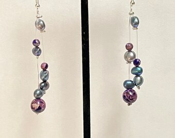 Blue and purple drop earrings | dark | black pearl | purple jasper | invisible line earrings | silver or gold