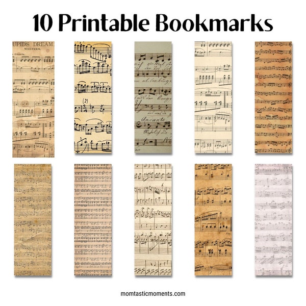 Antique Sheet Music Bookmarks for Book Lovers, Gift for Kids and Readers, Instant PDF and JPG Download