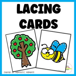 May include: Two lacing cards with a white background. One card features a green tree with red apples, and the other shows a yellow and black bee with blue wings. The words "LACING CARDS" are at the top.