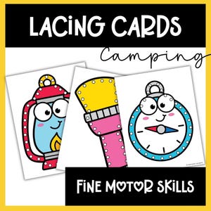 Op de afbeelding: Rijgkaarten met kampeerillustraties. De kaarten tonen een lantaarn, een zaklamp en een kompas, elk met een lachend gezicht. De tekst "LACING CARDS", "Camping" en "FINE MOTOR SKILLS" wordt weergegeven.