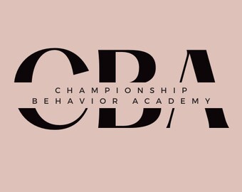 May include: Black and white logo for the Championship Behavior Academy, or CBA. The logo is made up of the letters C, B, and A in a bold, sans-serif font.