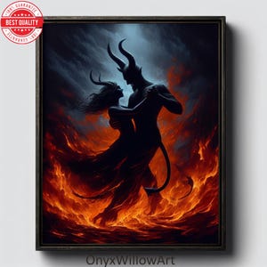 May include: A framed artwork depicts a dark silhouette of a horned couple dancing in a fiery inferno. The artwork features a dark color palette with shades of orange, red, and black, creating a dramatic and intense scene. The text "OnyxWillowArt" is visible.