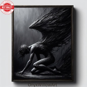 Puede incluir: Una obra de arte enmarcada en escala de grises representa una figura arrodillada con grandes alas emplumadas. La figura está encorvada, con las alas extendiéndose dramáticamente. El arte tiene una estética oscura y melancólica, con el nombre del artista, OnyxWillowArt, en la esquina inferior derecha.