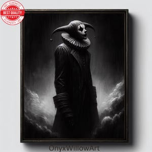 Dark Jester in Clouds | Gothic Fantasy Art | Moody Surreal Digital Painting | Mysterious Clown Decor | Eerie Wall Art