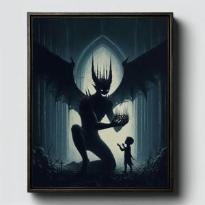 May include: Dark, framed artwork depicting a silhouetted demonic figure with large wings, a crown, and a sinister grin, offering a crown to a small child. The background features a gothic arch and a forest, creating a dark fantasy theme.