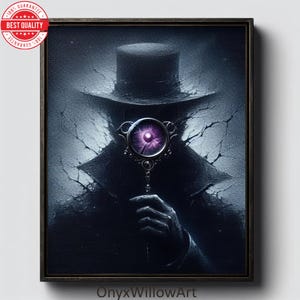 Puede incluir: Impresión en lienzo enmarcada que presenta una figura sombría con sombrero de copa y abrigo, sosteniendo una lupa con un ojo púrpura brillante. La obra de arte tiene un fondo oscuro y texturizado y el texto "OnyxWillowArt" en la parte inferior.