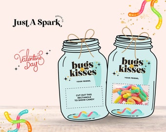 Bugs & Kisses Valentine Card: Gummy Worms Classroom Favors (Instant Download)