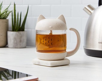 Tasse à thé Chat avec infuseur intégré - Idée cadeaux mug, thé, idée cadeau chat, cadeau pour amoureux des chats, cadeau mignon, cadeau Noël