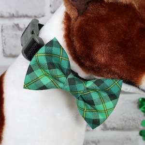 May include: A plush Jack Russell Terrier dog with brown and white fur, wearing a green plaid bow tie and a black collar. The dog is positioned in front of a white brick wall, with green shamrock decorations.